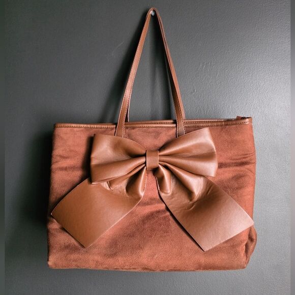 Handbags - Chocolate Brown Faux Suede Faux Leather Bow Tote 16x11x6'D Books Beach Gym